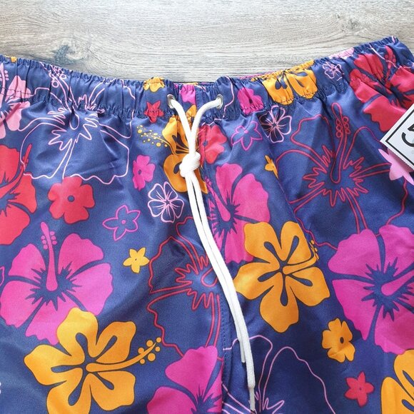 Colorful Floral Mens Swim Trunks Size L With Elastic Waist Drawstring 32" Waist - Picture 3 of 6